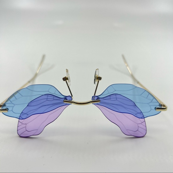 Blue Purple Butterfly Etched Wings Rimless Y2K Pastel Lenses Colored Glasses - Picture 10 of 15